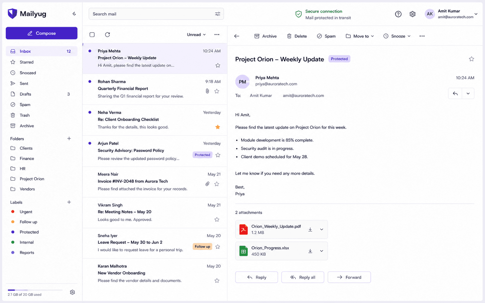 Mailyug business inbox with folders, message list, and a protected email open